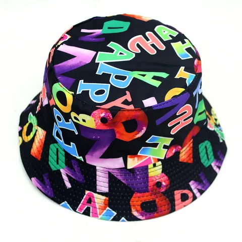 Double Sided Colorful Alphabet Printing Bucket Hat For Men Women Polyester Foldable Outdoor Sunshade Fisherman Hat Streetwear