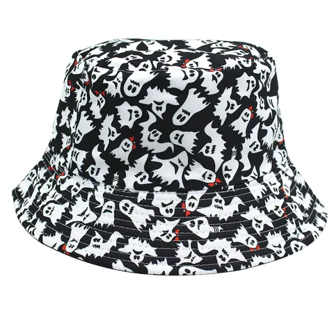 Halloween Ghost Print Bucket Hat Double Sided Polyester Sun Protection Outdoor Fisherman Hat For Men Women Festive Party Accessories