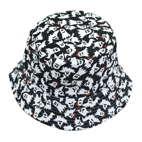 Halloween Ghost Print Bucket Hat Double Sided Polyester Sun Protection Outdoor Fisherman Hat For Men Women Festive Party Accessories