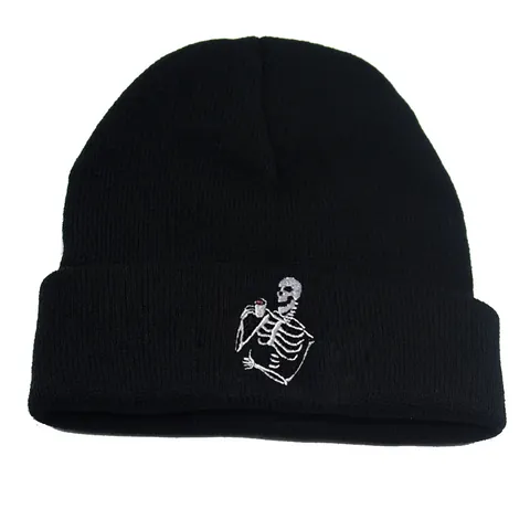 Skeleton Embroidery Knitted Beanie For Men Women Winter Outdoor Warm Skull Beanie Cap Streetwear Fashion Acrylic Hat