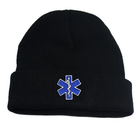 Gorro de Punto Cálido de Invierno para Mujer Hombre Bordado Estrella de la Vida Símbolo Médico Negro Acrílico Accesorio Exterior