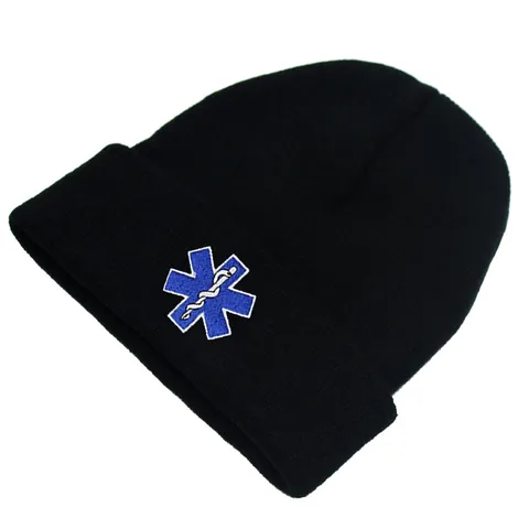 Gorro de Punto Cálido de Invierno para Mujer Hombre Bordado Estrella de la Vida Símbolo Médico Negro Acrílico Accesorio Exterior