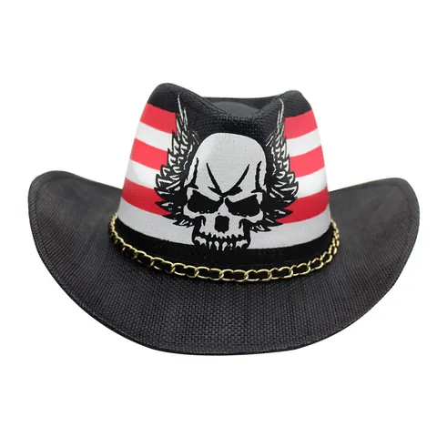Chapeau de Cow-boy en Paille Avec Impression de Crâne et Ailes Rayures Rouges Blanches Décor de Chaîne en Or Pour Voyage