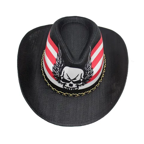 Chapeau de Cow-boy en Paille Avec Impression de Crâne et Ailes Rayures Rouges Blanches Décor de Chaîne en Or Pour Voyage