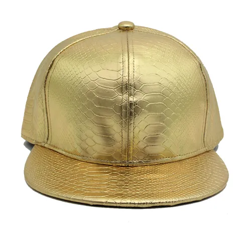 Berretto da Baseball in Pelle PU Oro Metallizzato Tesa Piatta Cappello Hip Hop Motivo Coccodrillo Goffrato Snapback Regolabile per Uomo Donna