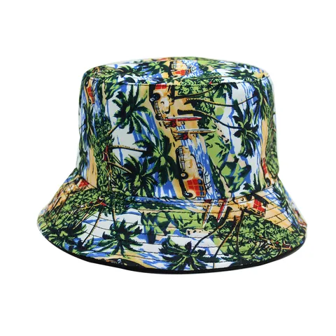 Cappello a Secchiello Reversibile da Donna Cotone Stampa Tropicale Hawaii Nero Protezione Solare Spiaggia Viaggio Estate
