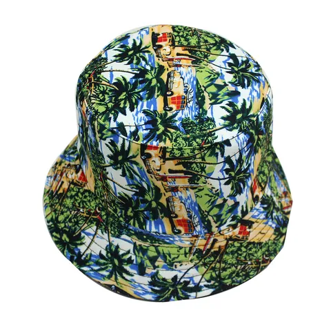 Cappello a Secchiello Reversibile da Donna Cotone Stampa Tropicale Hawaii Nero Protezione Solare Spiaggia Viaggio Estate
