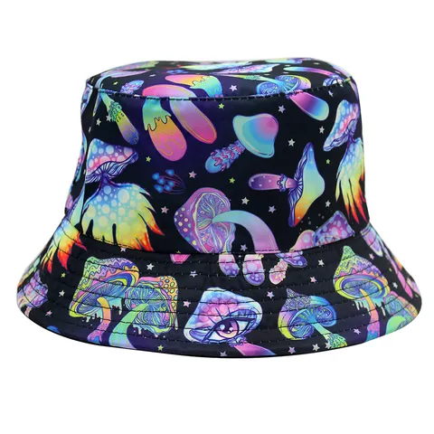 Cappello da Pescatore Unisex con Stampa Fungo e Teschio Protezione Solare Traspirante Cotone Double Face Accessorio Streetwear