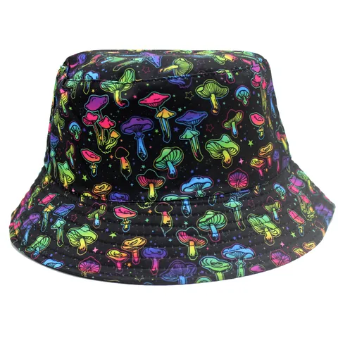 Fashion Mushroom Print Reversible Polyester Bucket Hat Outdoor Sun Protection Wide Brim Fisherman Hat For Men Women Casual Top Hat