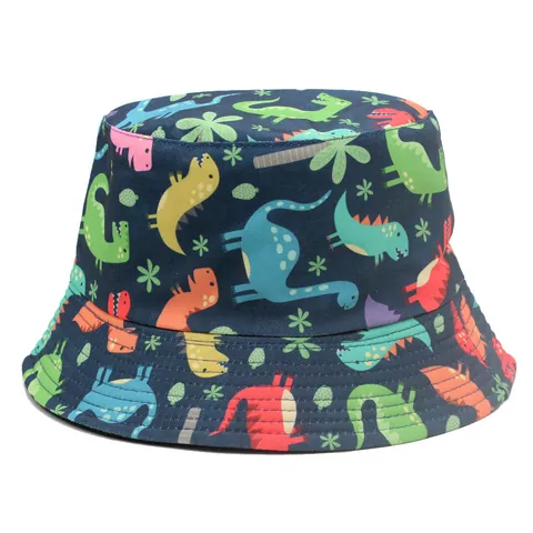 Cartoon Dinosaur Print Cotton Bucket Hat Unisex Reversible Outdoor Sun Protection Summer Fisherman Hat Daily Casual Cap