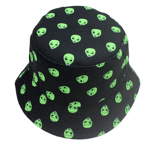 Cartoon Alien Print Katoen Vissershoed Voor Mannen Vrouwen Omkeerbaar Zonbescherming Outdoor Mode Zomer Reizen Pet