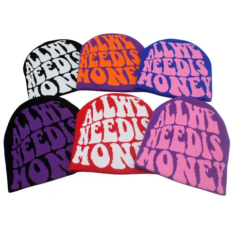 Unisex Winter Warm Acrylic Knit Beanie Hat For Women Men All We Need Is Money Honey Slogan Jacquard Streetwear Skull Cap