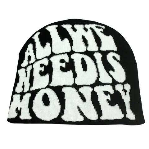 Unisex Winter Warm Acrylic Knit Beanie Hat For Women Men All We Need Is Money Honey Slogan Jacquard Streetwear Skull Cap