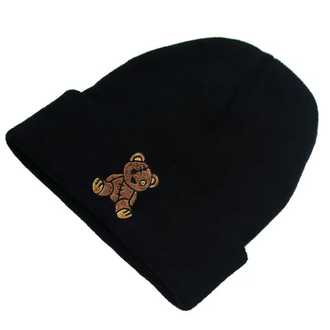 Classic Black Knit Beanie Hat With Stitched Bear Embroidery Warm Winter Skull Cap For Men Women Fashion Streetwear