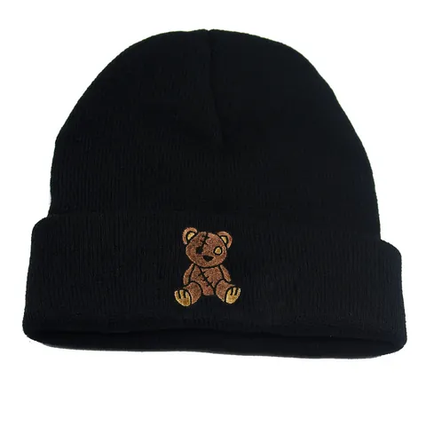 Classic Black Knit Beanie Hat With Stitched Bear Embroidery Warm Winter Skull Cap For Men Women Fashion Streetwear