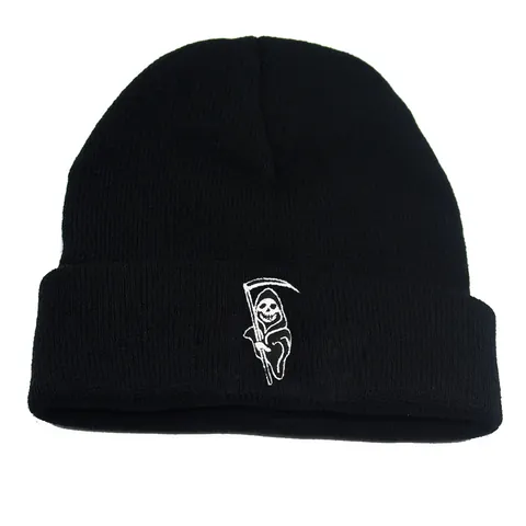Halloween Sensenmann Stickerei Strickmütze Für Herren Damen Schwarz Acryl Gerippte Winter Warme Umschlagmütze Totenkopf Kappe