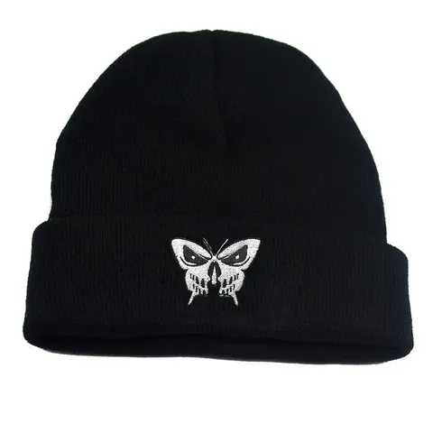 Berretto Ricamato Con Farfalla e Teschio per Uomo Donna Invernale Caldo Cappello in Maglia di Acrilico Streetwear Hip Hop
