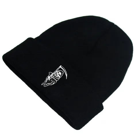 Halloween Sensenmann Stickerei Strickmütze Für Herren Damen Schwarz Acryl Gerippte Winter Warme Umschlagmütze Totenkopf Kappe
