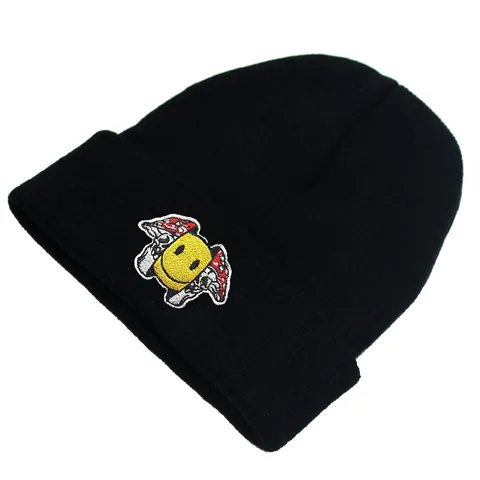 Berretto in Maglia con Ricamo Fungo e Faccina per Uomo Donna Inverno Caldo Nero Acrilico Cappello Outdoor