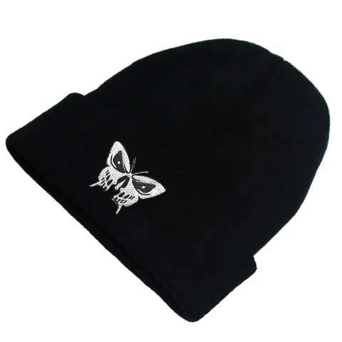 Berretto Ricamato Con Farfalla e Teschio per Uomo Donna Invernale Caldo Cappello in Maglia di Acrilico Streetwear Hip Hop