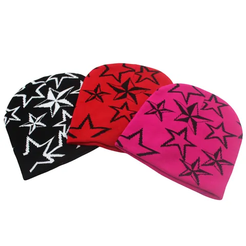 Berretto in Maglia Jacquard a Stella in Acrilico per Uomo Donna Inverno Caldo Moda Outdoor Motivo a Stella Skull Cap