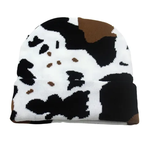 Winter Kuhmuster Strickmütze Für Damen Herren Warm Jacquard Umschlag Beanie Acryl Weich Elastisch Tierische Muster Slouch Hat