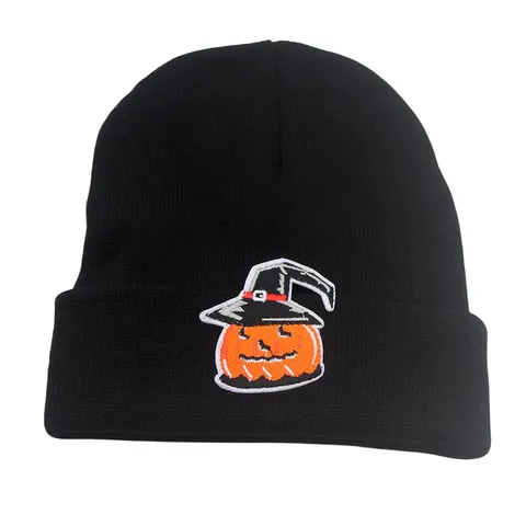 Cappello a Maglia Nero Ricamato Con Zucca di Halloween e Cappello da Mago Berretto Invernale Morbido in Acrilico Regalo
