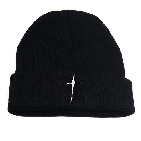 Embroidered Cross Knit Beanie For Men Women Acrylic Warm Winter Streetwear Cuff Skull Cap Solid Black Fashion Hat