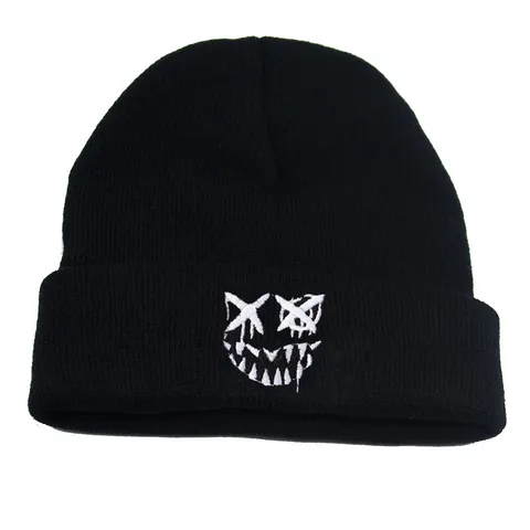 Berretto in Maglia Ricamato Diavolo Smiley Y2K Uomo Donna Inverno Caldo Nero Acrilico Beanie Streetwear Skull Cap