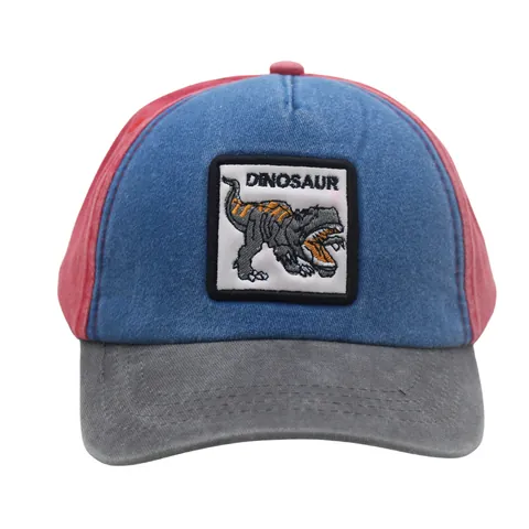 Gorra de Béisbol para Niños con Bordado de Dinosaurio Bloques de Color Algodón Lavado Sombrero de Sol Ajustable