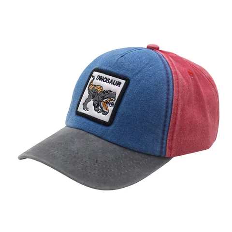 Gorra de Béisbol para Niños con Bordado de Dinosaurio Bloques de Color Algodón Lavado Sombrero de Sol Ajustable