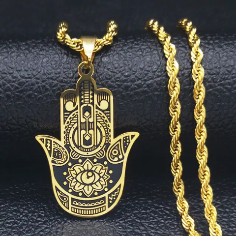 Vintage Hamsa Hand Pendant Necklace Stainless Steel Evil Eye Amulet Protection Jewelry With Rope Chain For Men Women
