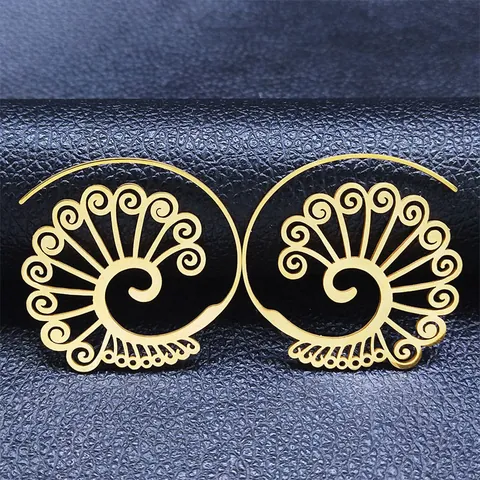 Vintage Ethnic Bohemian Hollow Scroll Stainless Steel Spiral Earrings For Women Geometric Gold Silver Floral Hoop Dangle Jewelry