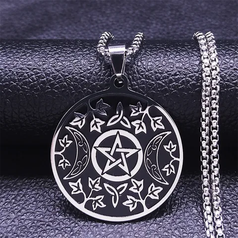 Vintage Stainless Steel Pentagram Triple Moon Star Leaf Pendant Necklace For Men Women Wiccan Pagan Gothic Jewelry