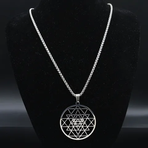 Stainless Steel Sacred Geometry Sri Yantra Pendant Necklace For Men Women Silver Mandala Meditation Spiritual Yoga Jewelry Gift