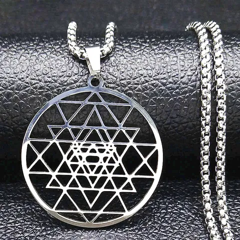 Stainless Steel Sacred Geometry Sri Yantra Pendant Necklace For Men Women Silver Mandala Meditation Spiritual Yoga Jewelry Gift