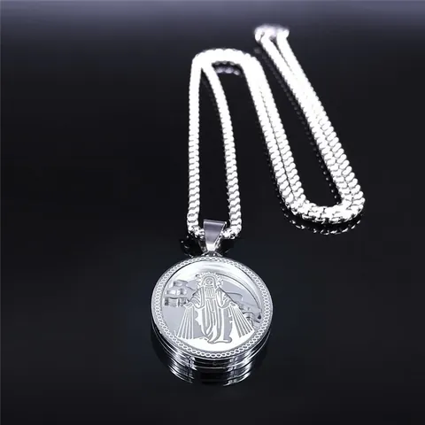 Vintage Stainless Steel Virgin Mary Medallion Pendant Necklace Religious Prayer Jewelry For Men Women With Box Chain
