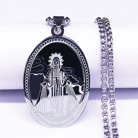 Vintage Stainless Steel Virgin Mary Medallion Pendant Necklace Religious Prayer Jewelry For Men Women With Box Chain
