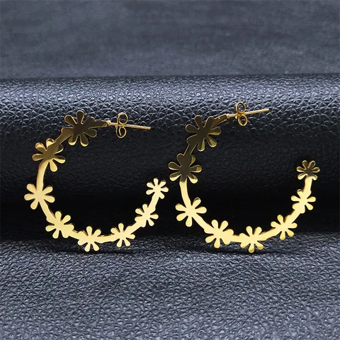 Fashion Stainless Steel Daisy Flower Hoop Earrings For Women C-Shaped Sweet Floral Stud Earrings Korean Style Jewelry Gift