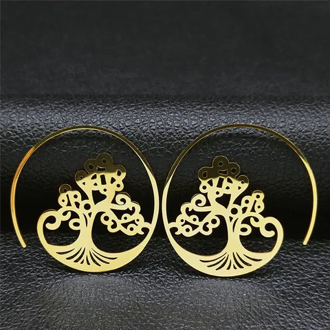 Pendientes de Gota de Árbol de la Vida de Acero Inoxidable Bohemio Vintage para Mujer Joyería Étnica Oro Plata