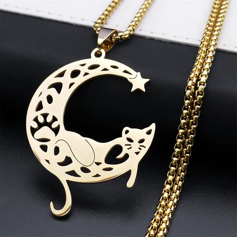Collar con Colgante de Gato y Luna de Acero Inoxidable Joyería de Estrella de Animal en Media Luna Hueca con Cadena de Caja para Hombres y Mujeres Regalo de Moda