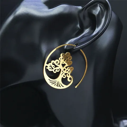 Pendientes de Gota de Árbol de la Vida de Acero Inoxidable Bohemio Vintage para Mujer Joyería Étnica Oro Plata