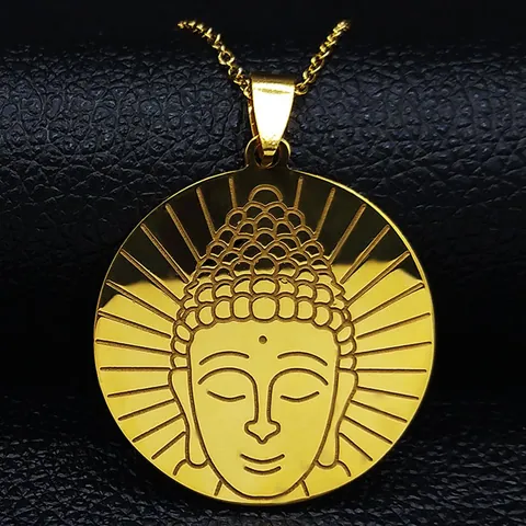 Stainless Steel Buddha Head Round Pendant Necklace For Men Women Vintage Carved Religious Medallion Chain Jewelry Gift