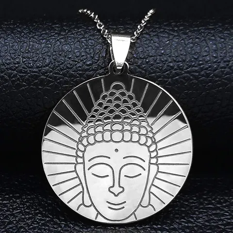 Stainless Steel Buddha Head Round Pendant Necklace For Men Women Vintage Carved Religious Medallion Chain Jewelry Gift