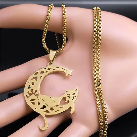 Collar con Colgante de Gato y Luna de Acero Inoxidable Joyería de Estrella de Animal en Media Luna Hueca con Cadena de Caja para Hombres y Mujeres Regalo de Moda