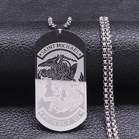 Vintage Stainless Steel Saint Michael Archangel Protect Us Dog Tag Pendant Necklace For Men Women Religious Shield Jewelry Gift