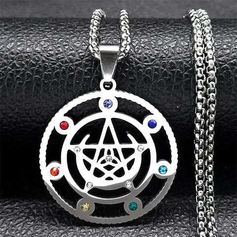 Stainless Steel Pentagram Pendant Necklace With Colorful Rhinestone Mystical Witch Wiccan Jewelry For Unisex Gift