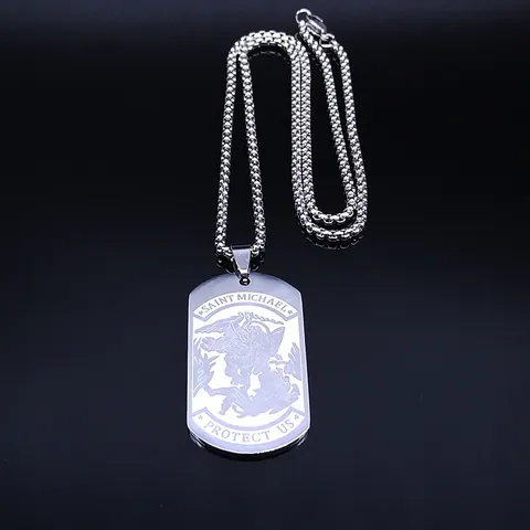 Vintage Stainless Steel Saint Michael Archangel Protect Us Dog Tag Pendant Necklace For Men Women Religious Shield Jewelry Gift