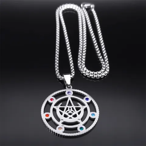 Stainless Steel Pentagram Pendant Necklace With Colorful Rhinestone Mystical Witch Wiccan Jewelry For Unisex Gift