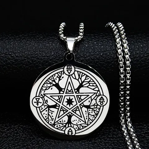 Roestvrij Staal Pentagram Levensboom Hanger Halsketting Occult Symbool Ronde Medaille Venetiaanse Ketting Unisex Gothic Cadeau